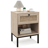 Rattan Nightstand Boho End Table with Rattan Drawer and Open Shelf