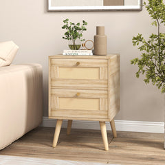 Rattan Nightstand Boho Accent Bedside Table with 2 Storage Drawers