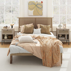 Rattan Nightstand Boho End Table with Rattan Drawer and Open Shelf Set of 2