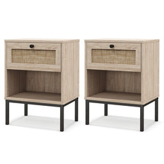 Rattan Nightstand Boho End Table with Rattan Drawer and Open Shelf Set of 2