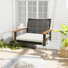 Single Rattan Porch Swing with Armrests Cushion and Hanging Ropes