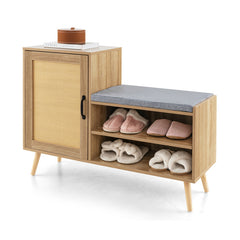2-in-1 Rattan Shoe Cabinet with Bench Shoe Storage Bench with Washable Cushion