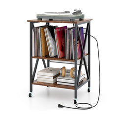 Mid-Century Record Player Stand with Built-in Charging Station