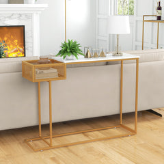 Rectangular White Faux Marble Console Table with Storage