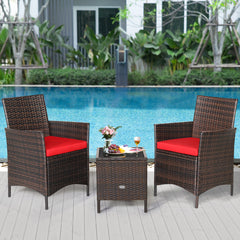 3 Pieces Patio Cushioned Rattan Converstaion Set With Glass Table Top