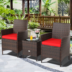 3 Pieces Patio Cushioned Rattan Converstaion Set With Glass Table Top