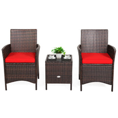 3 Pieces Patio Cushioned Rattan Converstaion Set With Glass Table Top