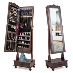 Rolling Floor Standing Mirrored Jewelry Armoire with Lock and Drawers