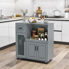 Rolling Kitchen Island with Wheels Drawer and Glass Door Cabinet
