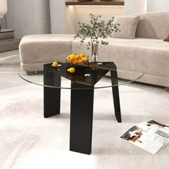29.5 Inch Round Glass Coffee Table with Solid Rubber Wood Legs for Living Room Home Office Small Space