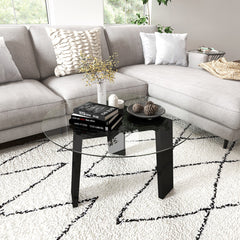 29.5 Inch Round Glass Coffee Table with Solid Rubber Wood Legs for Living Room Home Office Small Space