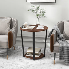 Round End Table with Open Shelf and Metal Frame