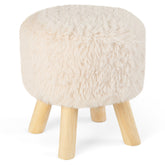 Round Footstool Ottoman Faux Fur Footrest with Padded Seat and Rubber Wood Legs