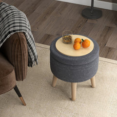 Round Storage Ottoman with Rubber Wood Legs and Adjustable Foot Pads