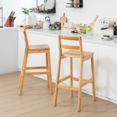Set of 2 28 Inch Rubber Wood Bar Stools with Backrest and Footrest