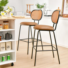 29.5 Inch Modern Faux Leather Bar Stools with Imitation Rattan Woven Backrest