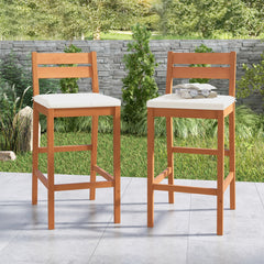 Set of 2 Outdoor Wood Barstools with Soft Seat Cushion