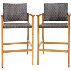 Set of 2 PE Wicker Patio Bar Chairs with Acacia Wood Armrests