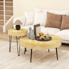 Set of 2 Solid Wood Ring Pattern Farmhouse Round Coffee Tables