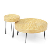 Set of 2 Solid Wood Ring Pattern Farmhouse Round Coffee Tables