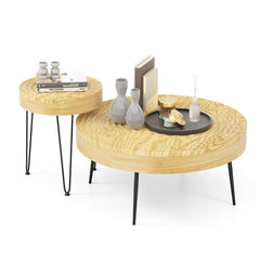 Set of 2 Solid Wood Ring Pattern Farmhouse Round Coffee Tables