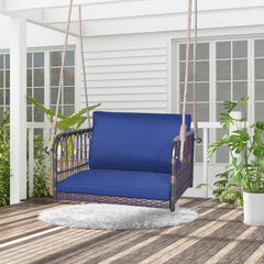 1-Person Rattan Hanging Porch Swing Seat with Cushions and Ropes