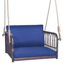 1-Person Rattan Hanging Porch Swing Seat with Cushions and Ropes