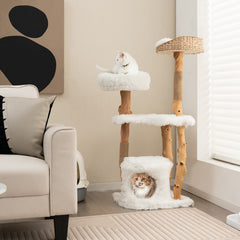 Solid Wood Cat Tower with Top Cattail Basket Cat Bed