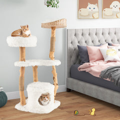 Solid Wood Cat Tower with Top Cattail Basket Cat Bed