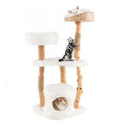 Solid Wood Cat Tower with Top Cattail Basket Cat Bed
