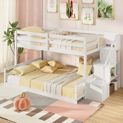 Solid Wood Twin Over Full Low Bunk Bed with Storage Stairs