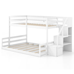 Solid Wood Twin Over Full Low Bunk Bed with Storage Stairs