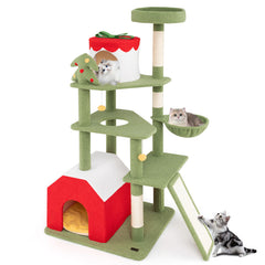 61 Inches Cute Christmas Cat Tree with Sisal Scratching Posts and 2 Condos