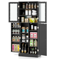 Tall Kitchen Pantry Cabinet with Dual Tempered Glass Doors and Shelves