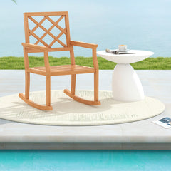 Teak Wood Rocking Chair Oversized Porch Rocker with Backrest and Slatted Seat