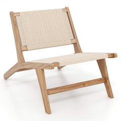 Teak Wooden Chair with Braided Rope Seat and Backrest for Backyard