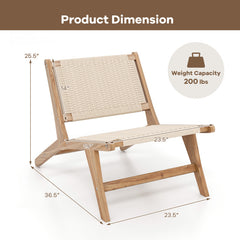 Teak Wooden Chair with Braided Rope Seat and Backrest for Backyard