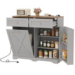 Tilt Out Trash Can Cabinet with Outlets and Adjustable Shelf