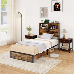 Twin/Full/Queen/King Size Bed Frame with Storage Headboard Industrial Metal Platform Bed