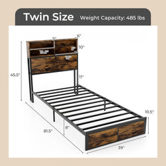 Twin/Full/Queen/King Size Bed Frame with Storage Headboard Industrial Metal Platform Bed