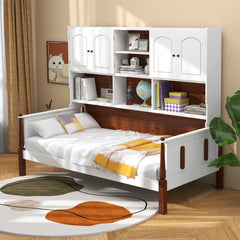 Twin Bed with Bookcase with Shelves and Wooden Slat Support No Box Spring Needed for Living Room Bedroom