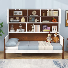 Twin Bed with Bookcase with Shelves and Wooden Slat Support No Box Spring Needed for Living Room Bedroom