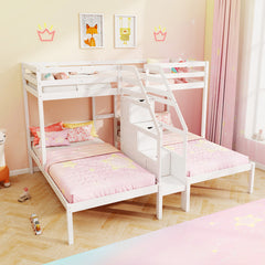 Twin Over Twin and Twin Bunk Bed with Storage Staircase and Guardrail for 3 Kids Teens