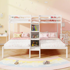Twin Over Twin and Twin Bunk Bed with Storage Staircase and Guardrail for 3 Kids Teens