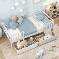 Twin Daybed with Fence and 2 Drawers Kids Bed for Boys & Girls