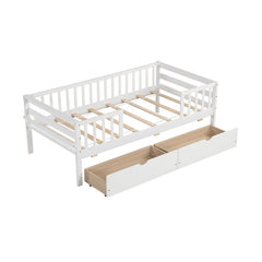 Twin Daybed with Fence and 2 Drawers Kids Bed for Boys & Girls