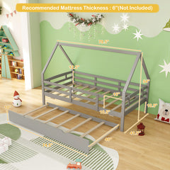 Twin House Bed with Trundle and Fence Rail