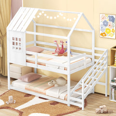 Twin House Bed with Stairs and Roof for Kids