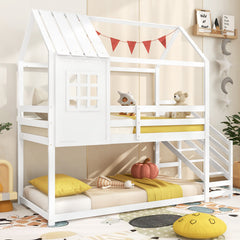 Twin House Bed with Stairs and Roof for Kids