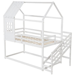 Twin House Bed with Stairs and Roof for Kids